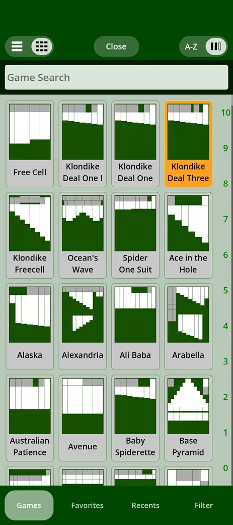 The game catalogue as a grid of layout diagrams