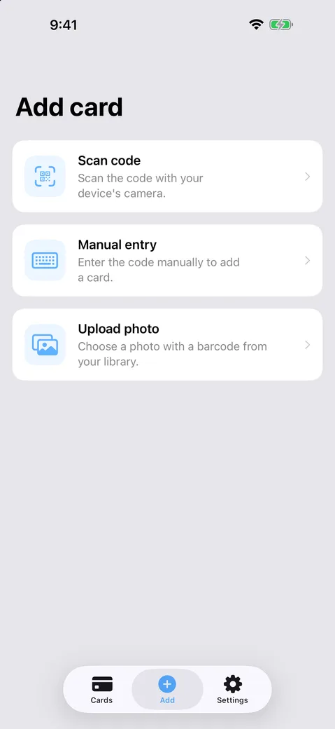 Adding a card by scanning its barcode