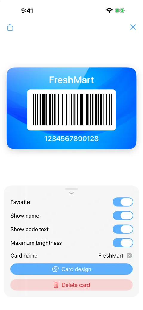 A single card shown full screen with its barcode