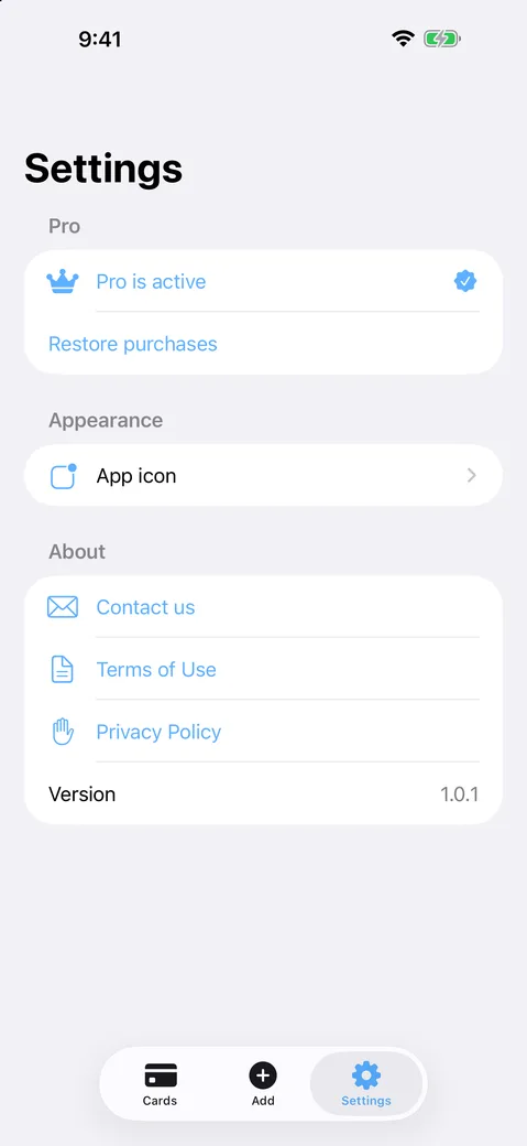 The settings screen