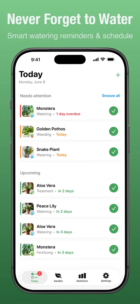 The Today screen listing plants that need care
